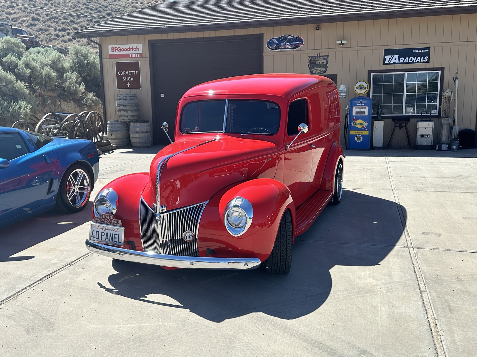 Classic red panel truck front three-quarter after detailing