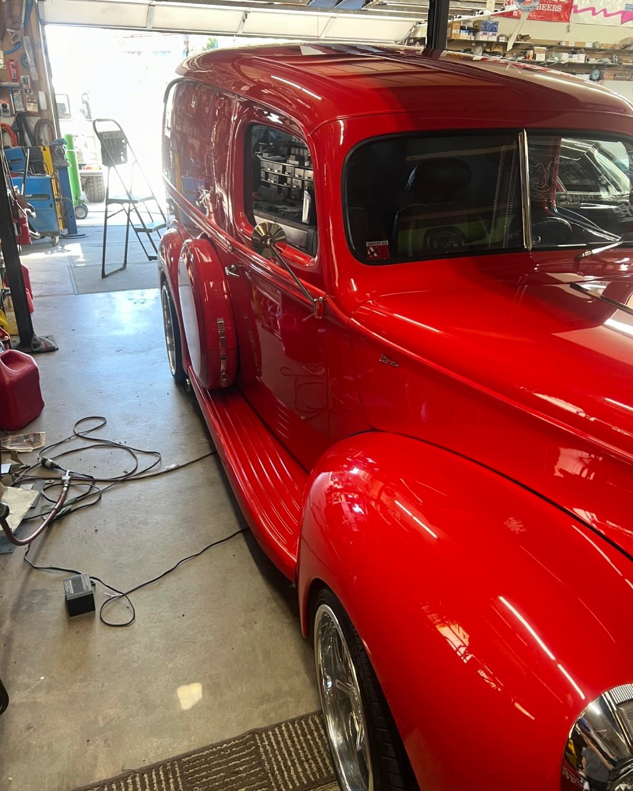 Classic red panel truck side after detailing